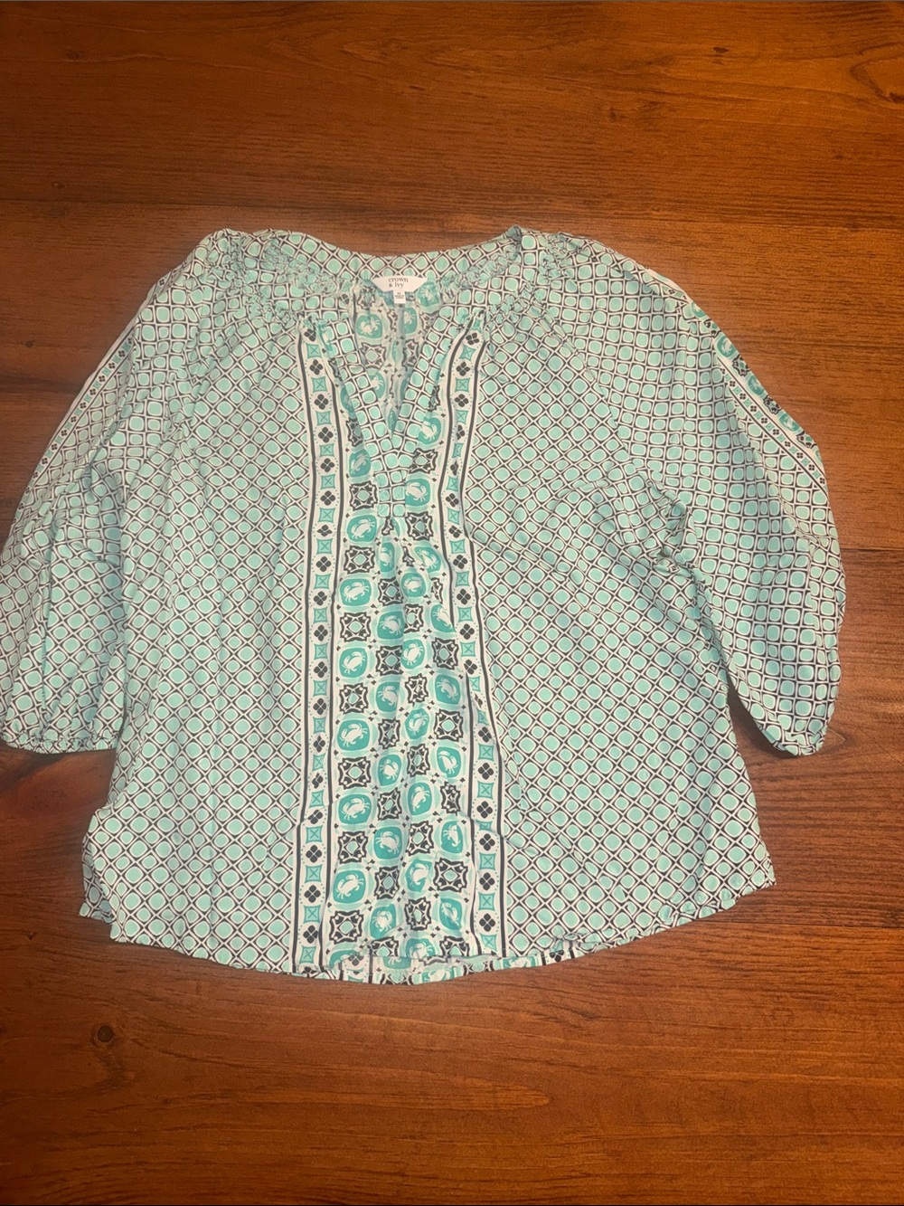 crown & ivy Teal and White Patterned Girls Blouse